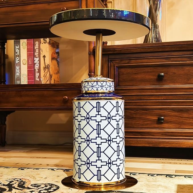Diamond Pattern Vase-Shaped Side Table with Ceramic Tile Top – Accent Table for Coffee, Tea, or Nightstand Use in Living Room, Bedroom, Indoor & Outdoor Spaces