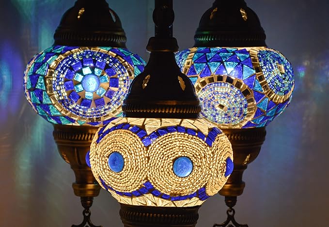 mozaist 3 Light Moroccan Mosaic Table Lamp, Stained Glass Boho Style Turkish Desk Lamp, Farmhouse Antique Living Room, Office Decorative Vintage Lighting with US Plug & E12 Socket (Blue & White)