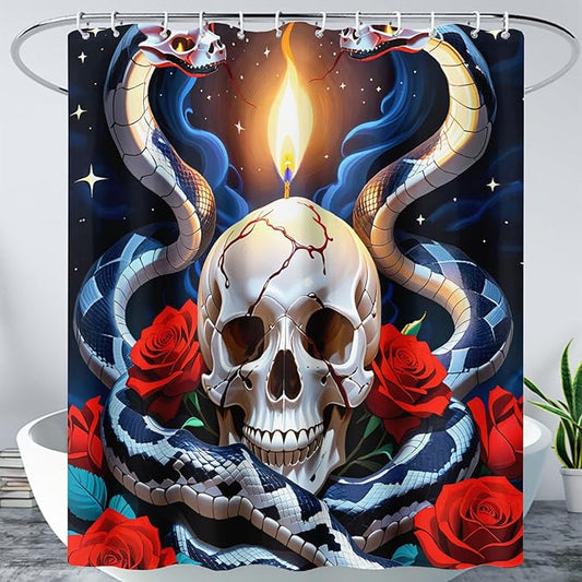 AILONEN Skull Shower Curtain for Bathroom,Red Rose Terror Snake Skull Bath Curtain,Goth Skull Skeleton Print Waterproof Curtain with 12 Plastic Hooks, 36" W*72" H