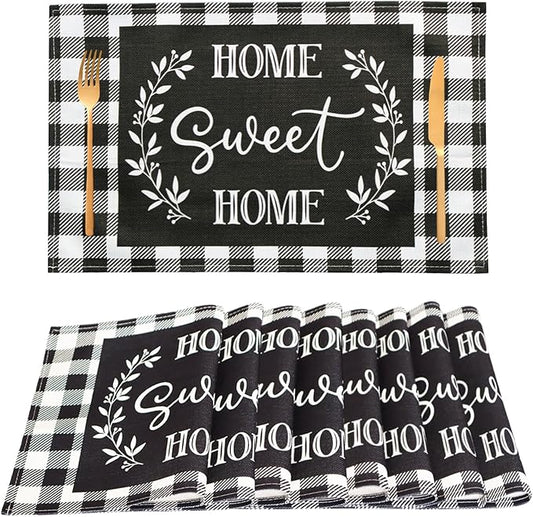 Buffalo Plaid Placemats Set of 8, Black White Farmhouse Placemats - Linen Washable Heat Resistant Waterproof Place Mats for Ktichen Dining Table 18 X 12 Inch, Plaid