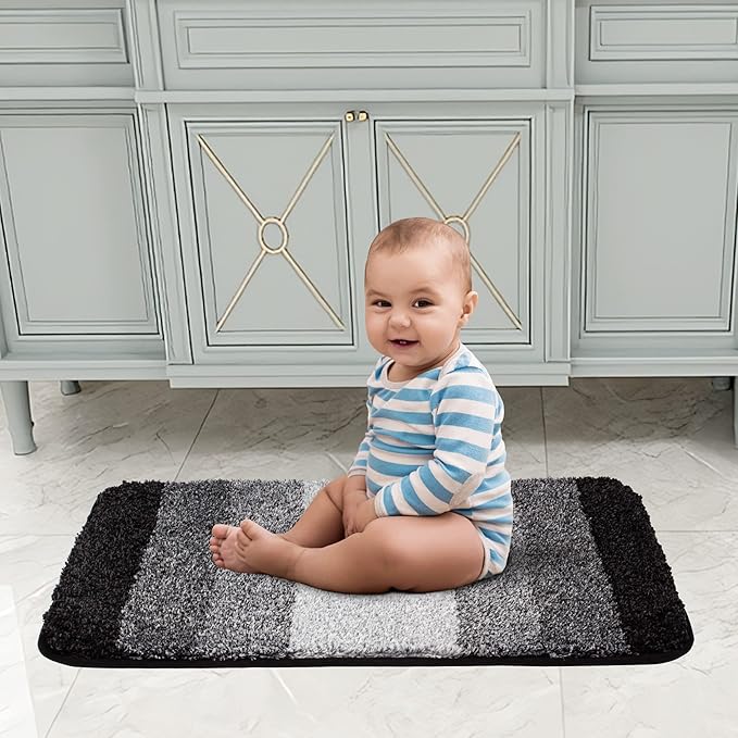 Walensee Bath Rug for Bathroom Non Slip Mat (20 x 32, Ombre Black) Water Absorbent Soft Microfiber Shaggy Bathroom Rug Machine Washable Bath Mat Thick Plush Shower Mat