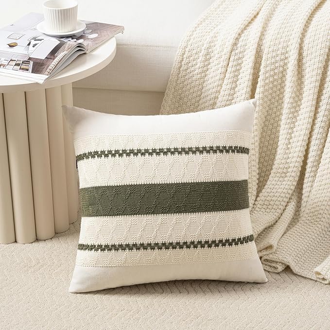 Fancy Homi Set of 2 Boho Olive Green Decorative Throw Pillow Cover 22x22 Inch for Couch Bed Sofa, Aesthetic Modern Organic Farmhouse Home Decor, Soft Cotton Cute Accent Macrame Woven Cushion Case