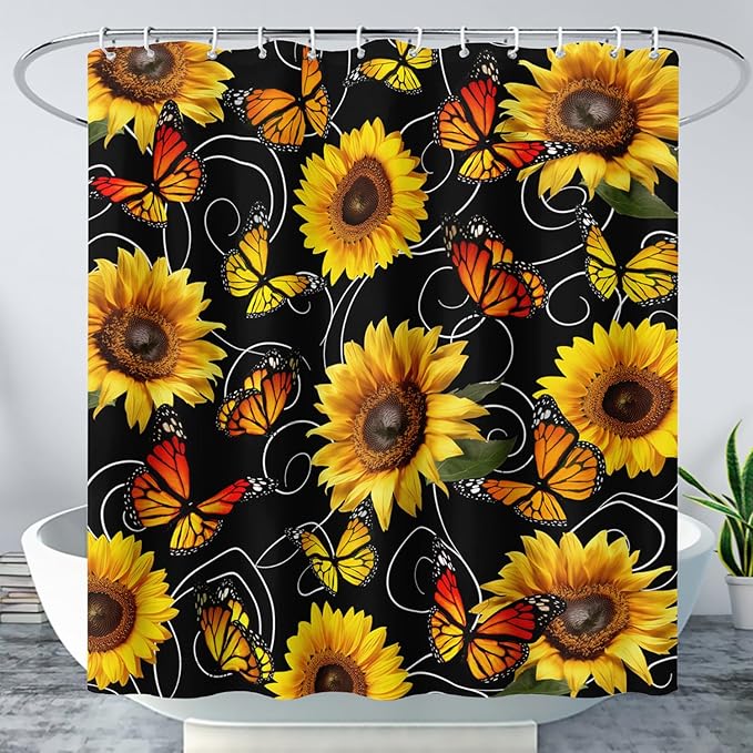 AILONEN Yellow Sunflower and Butterfly Shower Curtain,Garden Flower Black Bath Curtain,Modern Botanical Floral Waterproof Shower Curtain, 48" W x 72" H