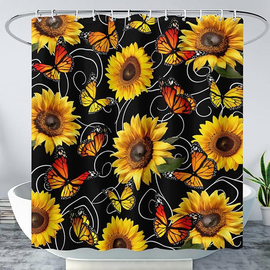 AILONEN Yellow Sunflower and Butterfly Shower Curtain,Garden Flower Black Bath Curtain,Modern Botanical Floral Waterproof Shower Curtain, 48" W x 72" H
