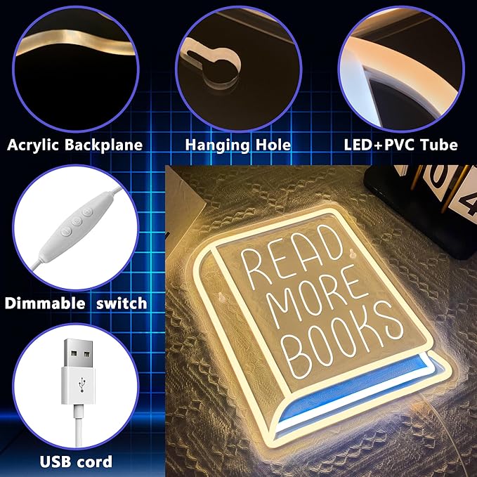Read More Books Neon Signs for Wall Decor, Dimmable Book Classroom Neon Sign, Book Club Decor, Reading Bookshelf School Library Wall Decor, Book Lover Gift, Christmas Gifts(11 * 11.8in)