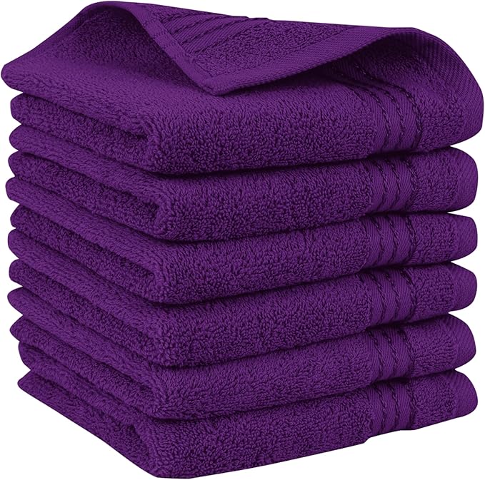 Elegant Comfort Premium Turkish Cotton 6 Pack Washcloths Set - 13 x 13 inch, Luxurious Hotel Spa Quality 100% Turkish Cotton 6PC Washcloth Set - Highly Absorbent - Soft Bathroom Towels, Purple