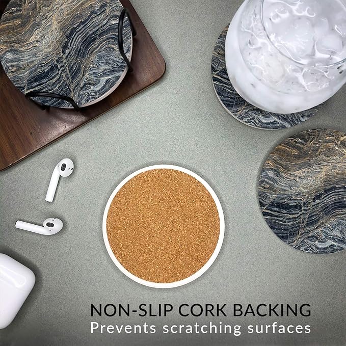 Emerson Coasters for Drinks Absorbent – Natural Stone Drink Coasters Set with Holder, Coasters for Coffee Table, Wooden Tabletop Protection Marble Style – 100% Heavy Duty Set of 6 (Lava)