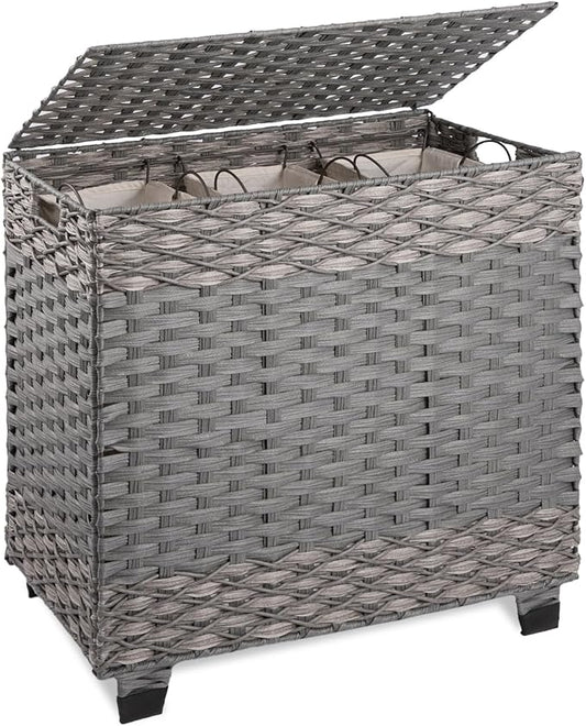 OIAHOMY Laundry Hamper with Lid, 140L Synthetic Rattan Clothes Hamper with Handles, Handwoven Large Laundry Basket with 3 Removable Liner Bags, Foldable, Laundry Room, 27*13*26 Inches, Gradient Grey