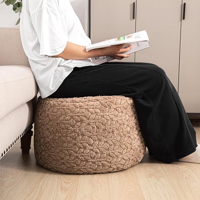 Round Pouf Ottoman Stuffed 20 x 20 x 14 Inches Boho Poof Foot Stool Home Decor Floor Pouffe Ottoman Foot Rest for Couch Sofa Bean Bag Chairs Living Room Bedroom (Brown)