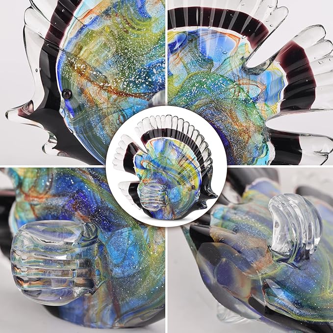 Blown Glass Fish Statues and Sculptures, Stained Glass Fish Modern Art for Coastal Style Home Decor, Shelves Office Fish Tank Bookcase and Entryway Entry Table Top Coffee Table.