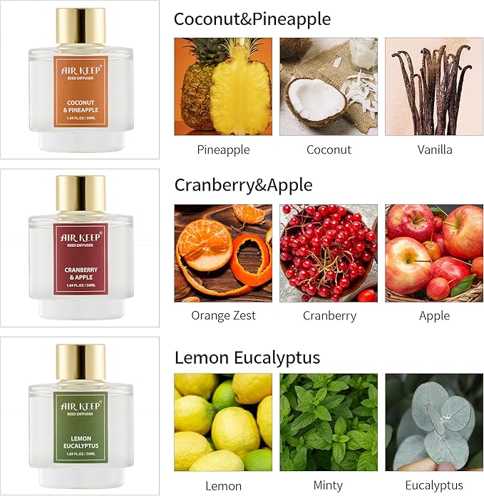 Airkeep Reed Diffuser Set of 3,Coconut Pineapple Lemon Eucalyptus Cranberry Apple Oil Reed Diffusers for Bedroom Living Room Office Aromatherapy Oil Reed Diffuser for Gift 50ml x 3