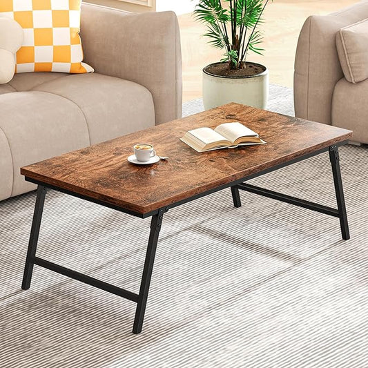 Small Folding Coffee Table for Small Spaces, Leg Latches Collapsible Foldable Coffee Table Portable Sturdy, No Assembly Low Tables for Living Room (Rustic Brown, Opened Size: 31.5L"×15.75W"×14.37H")