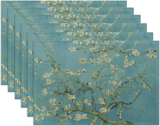 Almond Tree in Blossom Placemats Set of 6,Washable Heat Resistant 12×18 Inch Linen Table Mats Art Place Mats for Party Outdoor Dining Décor