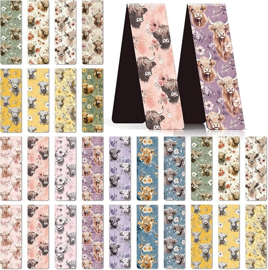 Highland Cow Floral Magnetic Bookmark - Wxiben 30 Pcs Watercolor Highland Cow Bookmarks Magnetic Cute Animal Magnets Book Markers Page Clip Gifts for Women Men Teen Students Teacher Reading Office