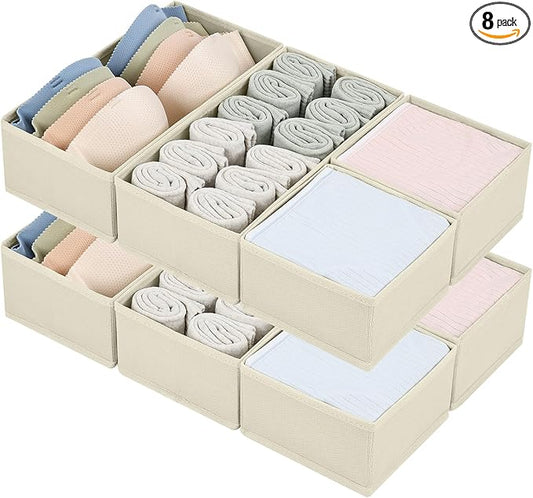 DIMJ Drawer Organizers for Clothing, Set of 8 Fabric Closet Organizers and Storage, Dresser Organizers, Drawer Dividers for Baby Clothes, Socks, Belt, Tie (Beige)