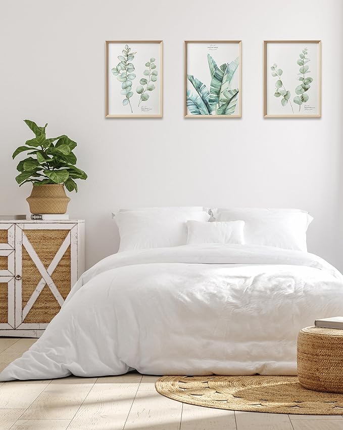 Framed Wall Art,Minimalist Botanical Canvas Wall Art for Living Room,12x16in Plant Wood High-Framed Design Flower Green Eucalyptus Leaf Artworks Prints Poster for Bathroom,Bedroom Set of 3