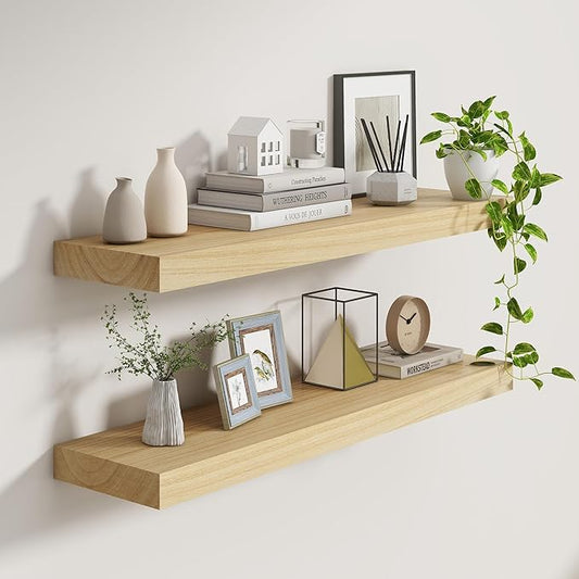 Fun Memories Deep Floating Shelves, Solid Wood Floating Shelves Wall Mounted, 9.3" Deep Wall Shelf for Living Room, Bedroom, 36 x 9 Large Floating Shelf for Books, Natural Color, Set of 2