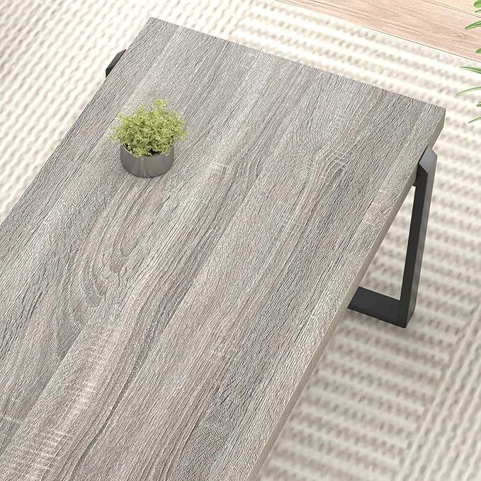 FOLUBAN Modern Coffee Table, Rustic Wood and Metal Center Table, Retro Small Cocktail Tea Table for Living Room, Light Grey, 44 Inch