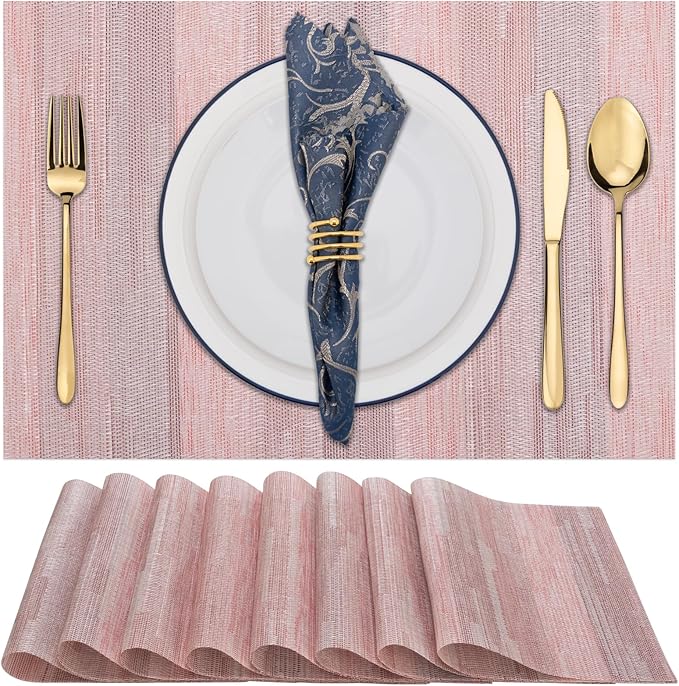 Winknowl Placemats Set of 8, Heat Resistant Stain Resistant Woven Vinyl Insulation Place mats, Durable Washable Elegant Table Mats for Kitchen Dining Table Decor (Misty Rose)