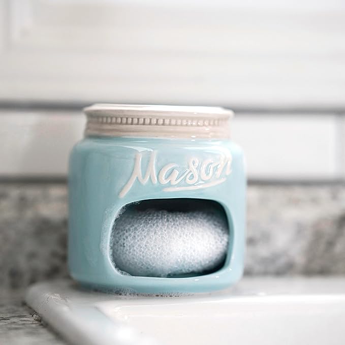 Mason Jar Ceramic Set - Cooking Utensils Set with Ceramic Jar, Measuring Cups & Spoons, Utensil Holder for Stove, and Sponge Holder Ceramic - Vintage Utensil Rest & Condiment Shakers (Blue, 17-Pieces)