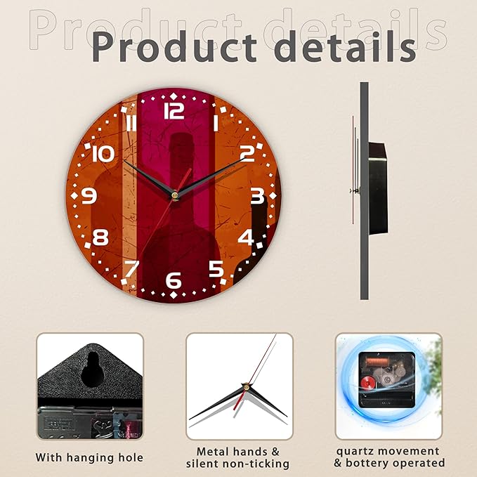 Clock for Living Room, Abstract Wine Wall Clock Vintage Wooden Wall Clock Silent Non-Ticking Battery Operated Arabic Numerals Wall Clocks Decorative for Kitchen, Office, Classroom 10 Inch