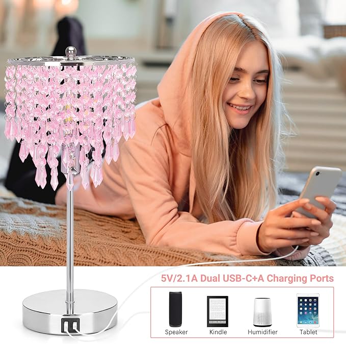 Crystal Touch Control Table Lamp with Dual USB Charging Ports, 3 Way Dimmable Bedside Lamp with Pink Shade, Decorative Nightstand Lamp for Girls Bedroom, Living Room, Office, B11 LED Bulb Included