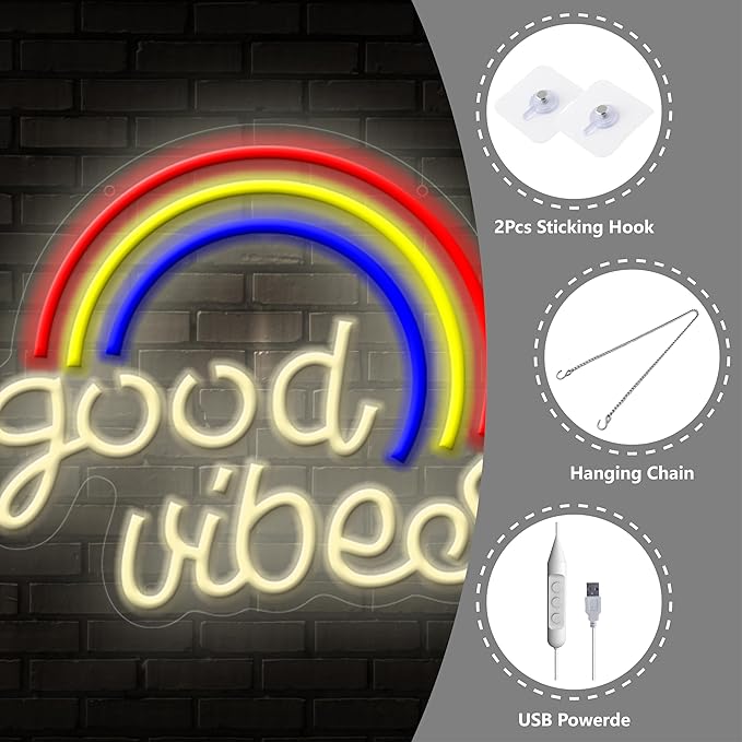 Rainbow GOOD VIBES Neon Sign - Multicolor Positive Vibes Light for Bedroom, Yoga Studio, Cafe, USB Dimmable, Shatterproof Wall Decor, Inspirational Gift(13x12 Inch)