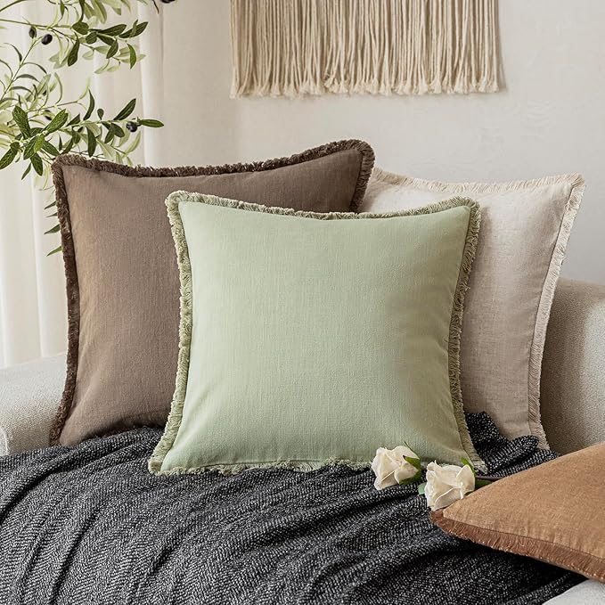 Foindtower Set of 2 Decorative Linen Fringe Throw Pillow Covers Boho Farmhouse Cushion Cover with Tassels Soft Accent Pillowcase for Couch Sofa Bed Living Room Home Decor,16×16 Inch,Light Sage Green