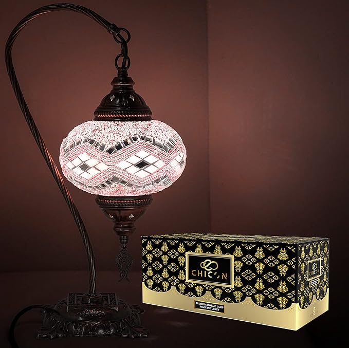 CHICON Handmade Mosaic Turkish Lamp | Genuine Glass Mosaic | A Piece of Art in Unique Lamps | Antique Vintage Lamp | Tiffany Boho Lamp | Moroccan Bohemian Small Table Lamp - SWAN Wave Light Pink