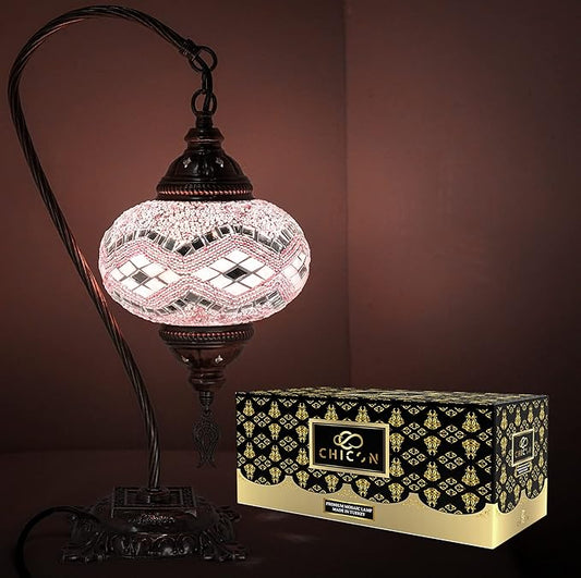 CHICON Handmade Mosaic Turkish Lamp | Genuine Glass Mosaic | A Piece of Art in Unique Lamps | Antique Vintage Lamp | Tiffany Boho Lamp | Moroccan Bohemian Small Table Lamp - SWAN Wave Light Pink