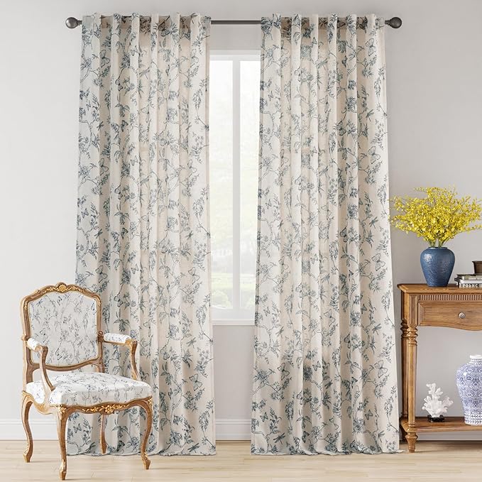Lazzzy Farmhouse Linen Curtains Blue Floral Curtains 108 Inch Length Back Tab Drapes for Living Room Bedroom Light Filtering Country Vintage Rod Pocket Curtain, 2 Panels, Blue on Beige