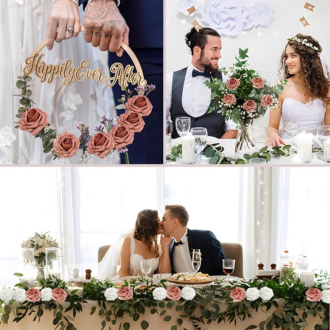 200PCS Warm Taupe Artificial Flowers Roses Real Looking Foam Fake Roses with Leaves for DIY Wedding Bouquets Bridal Shower Arty Decorations (Warm Taupe, 200)