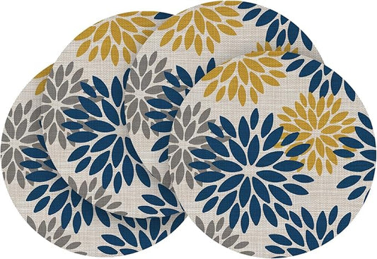 Artoid Mode Navy Yellow Dahlia Plastic Round Placemats Set of 4, 14 Inch Seasonal Wipeable Woven Vinyl Table Mats for Farmhouse Party Kitchen Dining Decor