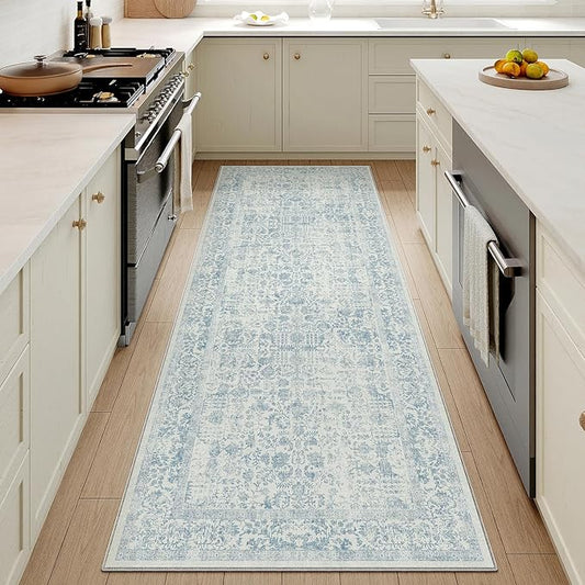 Blue Runner Rug 2x6 Hallway Machine Washable Kitchen Vintage Distressed Non Slip Long Carpet Indoor Retro Floral Bedroom Accent Throw Rug for Bathroom Office Laundry Dining Room