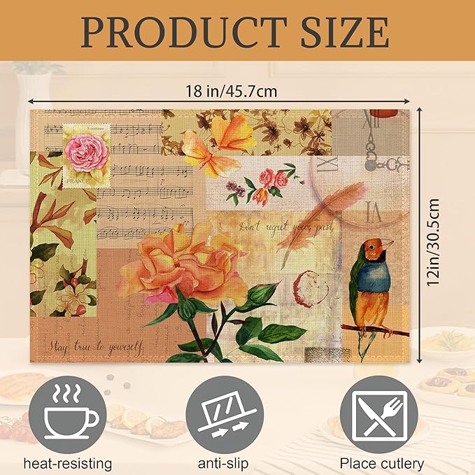 Vintage Roses Placemats Set of 6,Washable Heat Resistant 12×18 Inch Linen Table Mats Summer Flower Place Mats for Party Outdoor Dining Décor