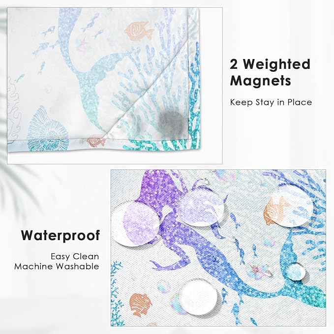 Mermaid Glitter No Hook Shower Curtain with Snap in Liner, Coral Starfish Seashell Underwater Bath Curtain with Double Layers Waterproof Fabric and Mesh Top Window 71x74 Inch