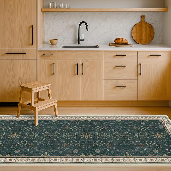 Dark Green 2x6 Kitchen Rug - Modern Vintage Boho Eclectic Floral with Brown Accent, Washable Low Pile Non-Slip Runner Rugs for Bathroom, Door Mat Indoor Entrance, Hallway, Bedroom, Laundry