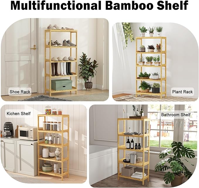 kinbor 5-Tier Bamboo Shelf Freestanding - Space-Saving Bathroom Standing Shelf & Plant Stand, 5 Shelf Bookcase for Kitchen, Living Room, Office (Natural Bamboo, Easy Assembly)