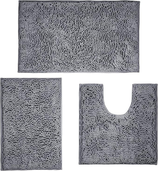 Bathroom Rugs Sets 3 Piece Washable, Luxury ，Chenille Bath Mat Set, Soft Plush Anti-Slip Rectangular Bath， Rug Super Absorbent.3 Pieces Bathroom (Dark Gray, 32"x20"+24"x16"+U Shape 20"x20")