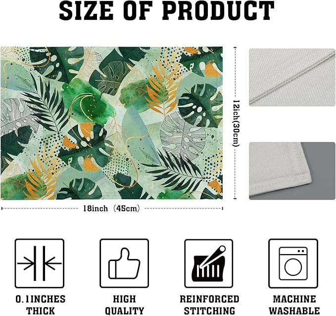 Tropical Palm Leaves Place Mats Set of 4 Green Gold Leaf Summer Washable Heat Resistant Table Mats Linen Fabric Table Mat 12×18 Inch for Party Kitchen Dining Home Decor