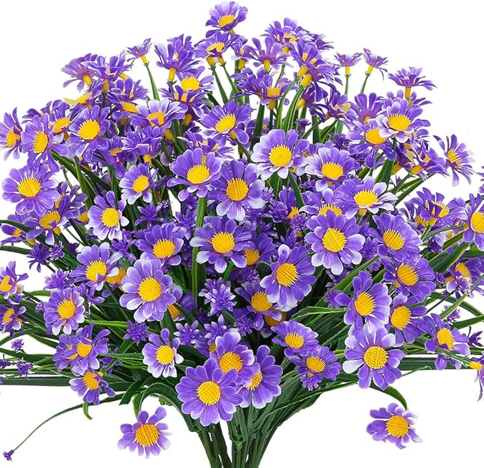 8 Bundles Artificial Daisies Flowers Outdoor UV Resistant Fake Foliage Greenery Faux Plants Shrubs Plastic Bushes for Window Box Hanging Planter Farmhouse Indoor Outside Decor(Purple)