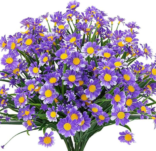 8 Bundles Artificial Daisies Flowers Outdoor UV Resistant Fake Foliage Greenery Faux Plants Shrubs Plastic Bushes for Window Box Hanging Planter Farmhouse Indoor Outside Decor(Purple)