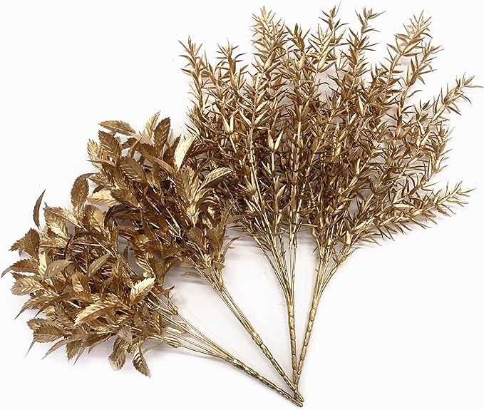 CATTREE Artificial Gold Plants for Christmas, Golden Leaves Plant Plastic Faux Shrubs Fake Simulation Spiky Grass Bushes for Indoor Outdoor Wedding Decoration Hall Table Planter Filler 4 Pack