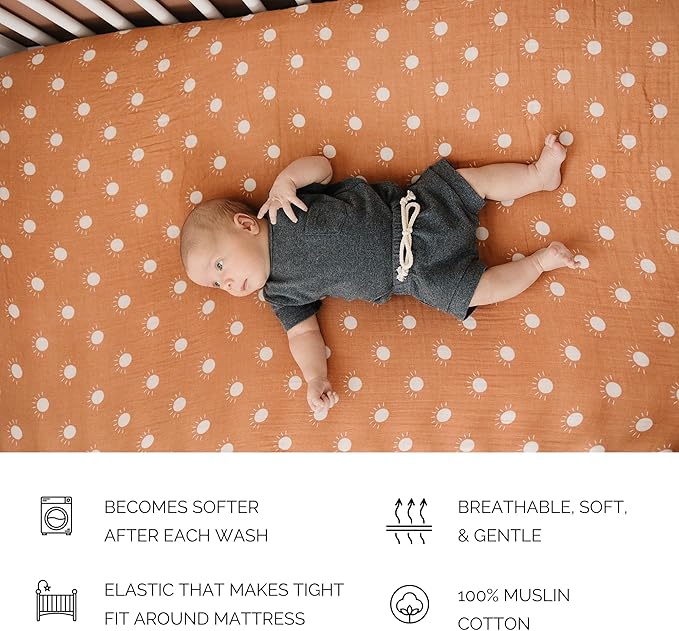Sunshine Muslin Crib Sheet by Mebie Baby, Soft and Breathable Bed Sheets for Babies, Modern Neutral Bedding for Cribs, Standard Crib Mattress Fitted Sheet, Great for Boy or Girl Room or Nursery
