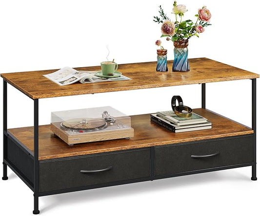WLIVE Coffee Table, 39" Coffee Table with Storage & Drawers, 2-Tier Wood Center Table for Living Room, Apartment, Bedroom, Metal Table Legs, Rustic Brown
