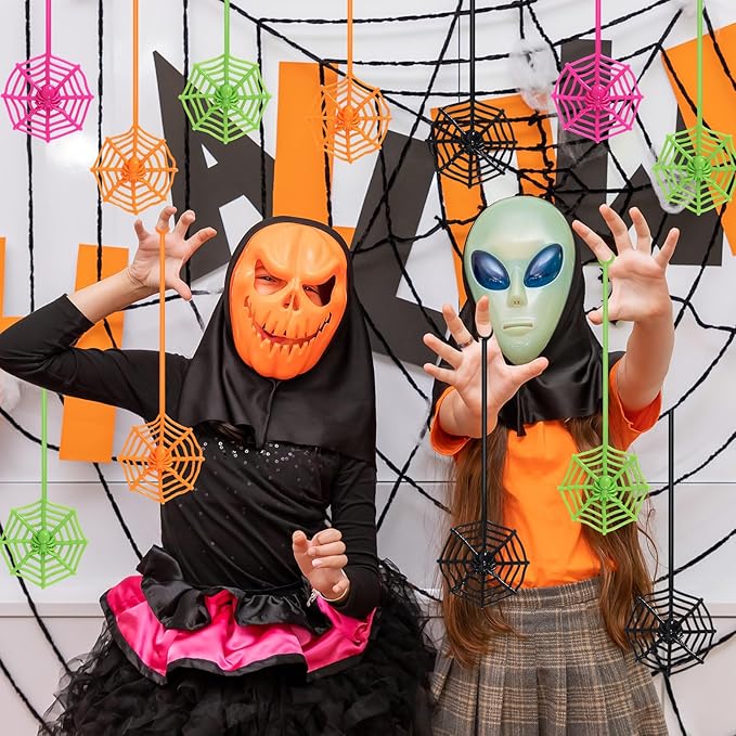 24 PCS Sticky Spider Web for Kids, 7.5 Inches Cobweb Sticky Hand Toys, Halloween Spider Party Favors for Goodie Bag Stuffers, Birthday, Classroom Prizes Supplies (4 Colors)