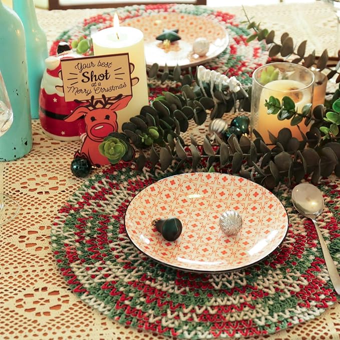 Noctiflorous 15 Inch Round Placemats Set of 12 Durable Braided Woven Heat Resistant Table Mats for Indoor Outdoor Non Slip Dining Table Place Mats(01 Christmas, 12)