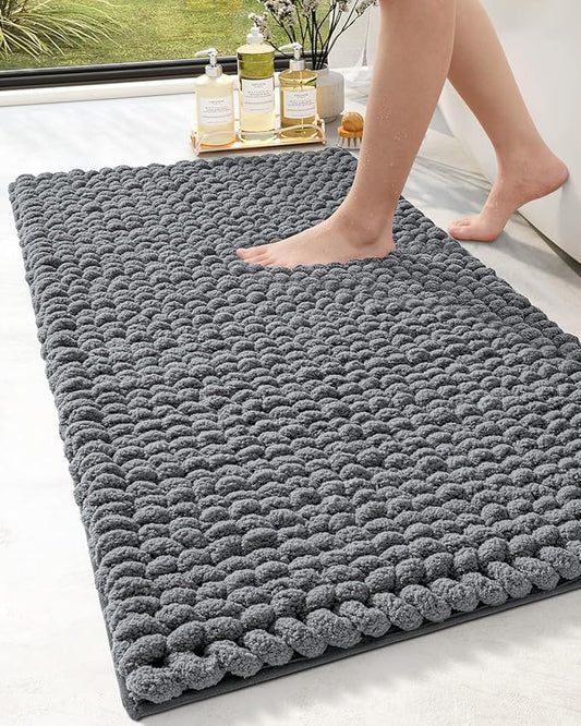 DEXI Bathroom Rugs 24x43, Non Slip Washable Bath Mat, Luxury Chenille Super Absorbent Thick Bathmats for Shower Floor, Plush Fluffy Shaggy Carpet for Tub, Dark Grey