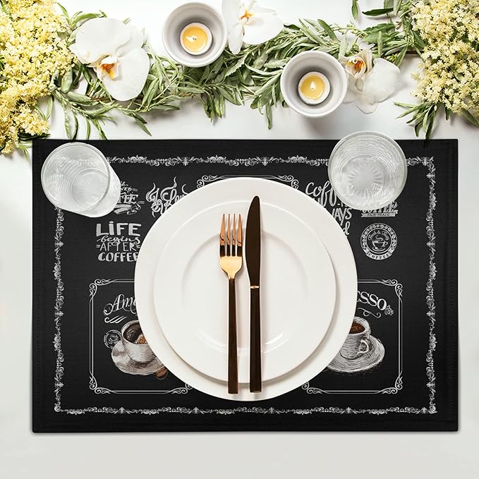 Giwawa Coffee Placemts Set of 4, 12"x18" Black Cafe Life Themed Coffee Beans Maker Espresso Cup Print, Washable Heat-Resistant Linen Placemats for Dining Table Party