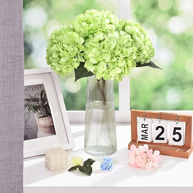BLEUM CADE 8 Pcs Green Hydrangea Artificial Flowers with Stems, 18In Large Fake Green Flowers, Faux Hydrangea Flower for Home Decor Spring Wedding Table Centerpieces Decoration